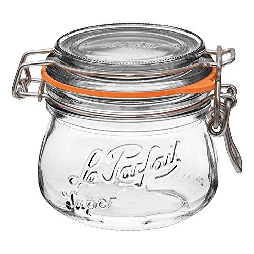 Le Parfait Super Jar - 250ml French Glass Canning Jar w/Round Body, Airtight Rubber Seal & Glass Lid, 8oz/Half Pint (Pack of 6) Stainless Wire