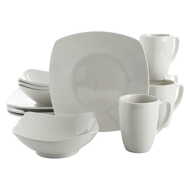 Gibson Home Zen Buffetware Versatile 12 Piece Square Dinnerware Dish Set with Multi Sized Plates, Bowls, and Mugs, White
