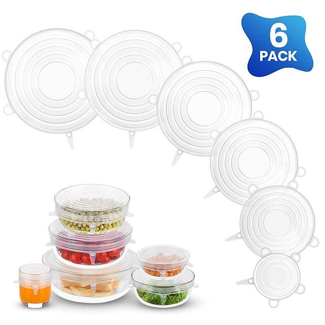 Silicone Stretch Lids, Zero Waste Reusable Silicon Container Lid for Cover Leftover Food and Fruit or Bowl (6 pcs, Clear)