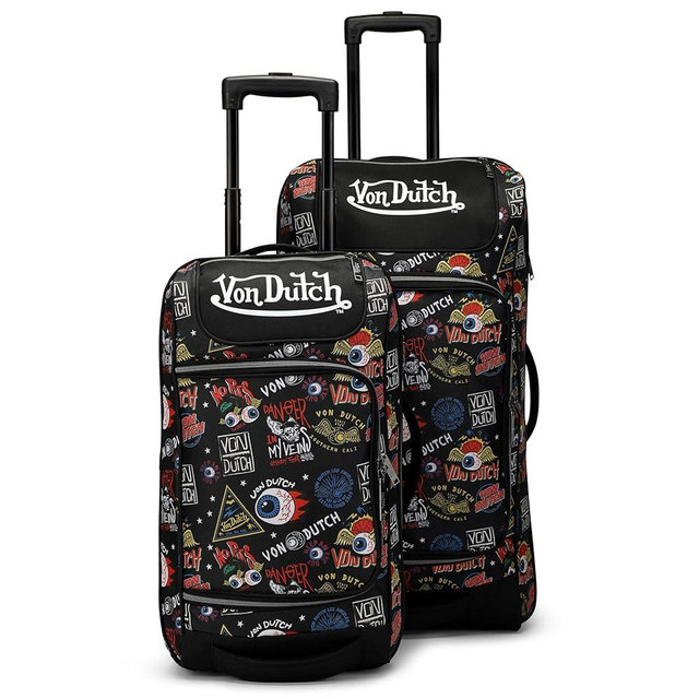 Von Dutch Jax Black 2-Piece Rolling Duffel Set with Telescopic Trolley Handle and Inline Skate Wheels