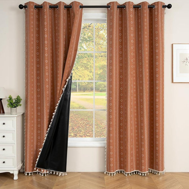 ColorBird 100% Boho Blackout Curtains & Drapes 84 Inches Long Burnt Orange Decorative Patterned Black Out Window Curtains Cat Proof Western for Bedroom Decor Living Dining Room Closet