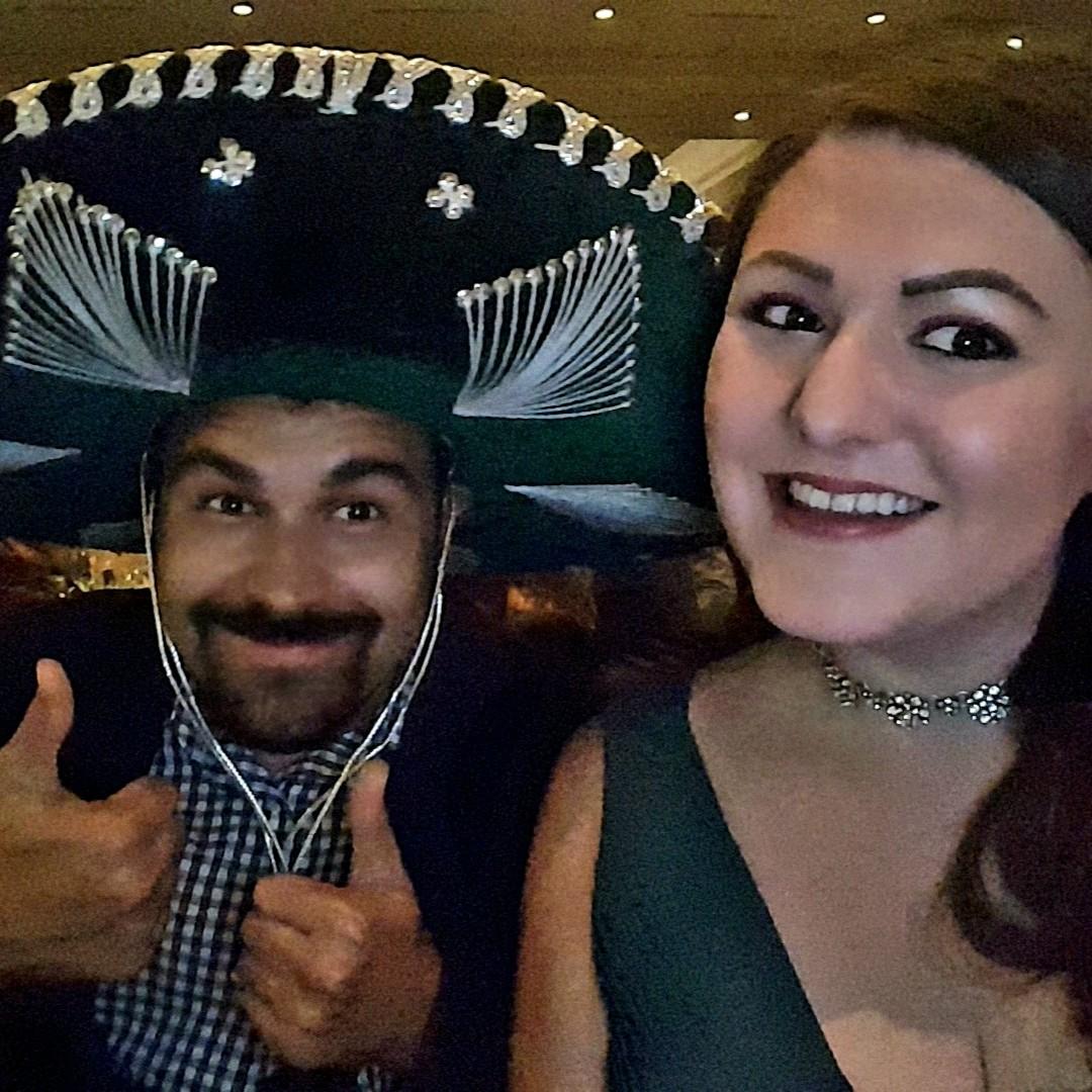 This was taken at a Gala we attended for work for the Hispanic Chamber of Commerce. They challenged each table to take a shot of tequila and do a "Grito" to win this awesome Charro Sombrero, Abel won!