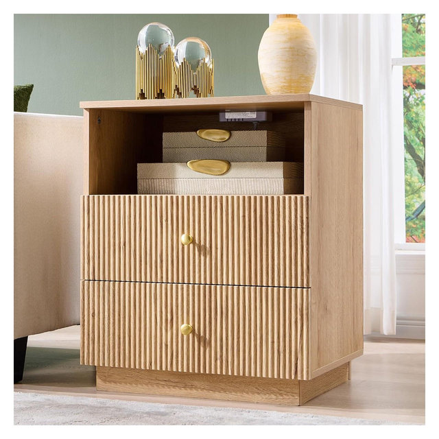 SinCiDo Nightstand w/Charging Station, 21.65" Modern Fluted Bedside Table w/2 Storage Drawers & Open Shelf, Wood End Table for Bedroom, Natural