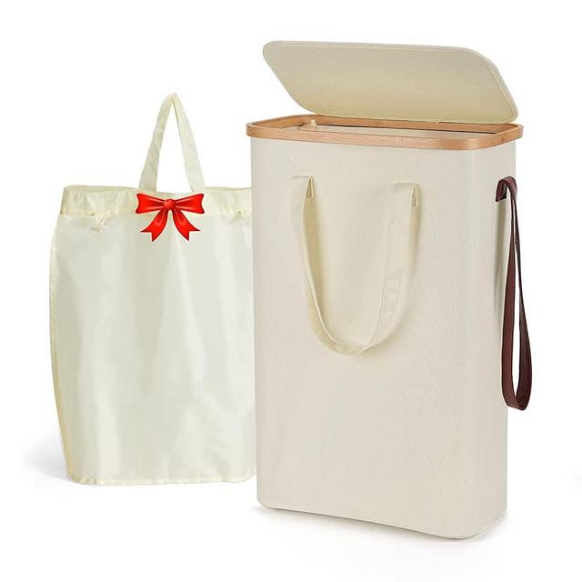 Yamagahome Slim Laundry Basket with lid 52L, Collapsible Narrow Laundry Hamper with Removable Washable Laundry Bag, Thin Hamper Storage Basket Made of Bamboo and Oxford for Bedrooms, Bathroom, RV