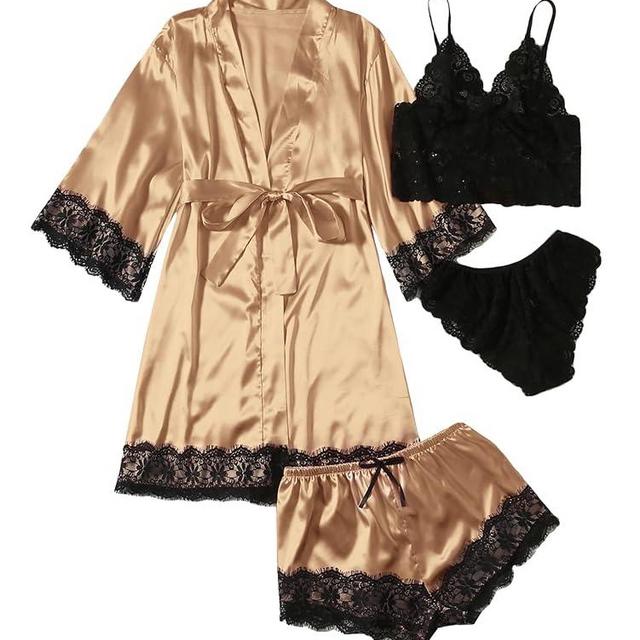 SOLY HUX Women's Satin Pajama Set 4pcs Floral Lace Trim Cami Lingerie Sleepwear with Robe
