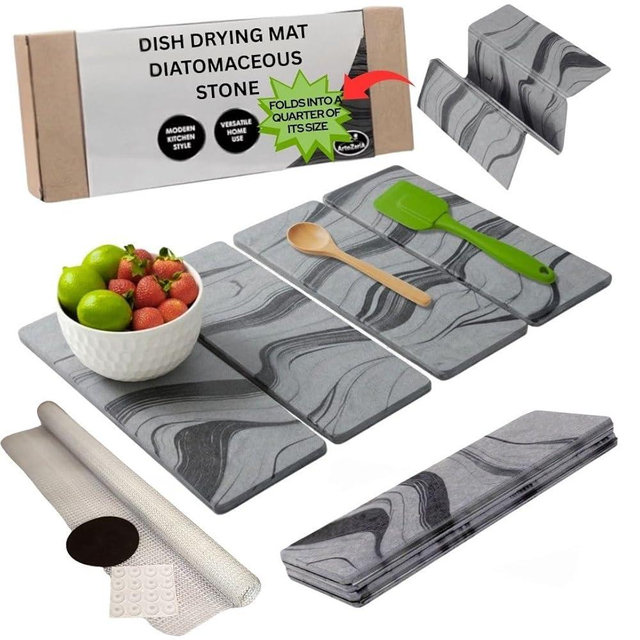 Large Stone Dish Drying Mat for Kitchen Counter – 23.5” L x 15.3” W Diatomaceous Earth Dish Drying Mat, Foldable Quick-Dry Diatomite Stone for Sink Area, Modern Marble Design, Roll-Up Storage