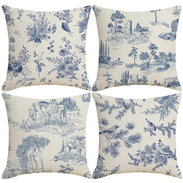 LOHDALOLF Toile Throw Pillow Covers 18x18 inch Set of 4 French Country Pillow Cases Vintage Blue Chinoiserie Decorative Cushion Covers for Sofa Living Room