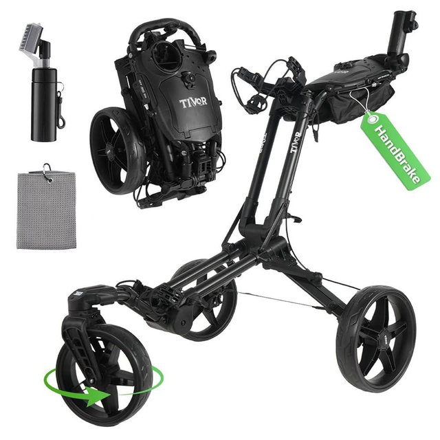 Tivor Golf Push Cart with 360° Front Wheels & Handbrake, 3 Wheel Pull Cart Offers One-Click Folding and All-Terrain Mobility