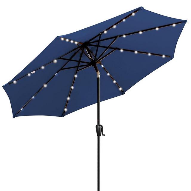 Sun-Ray 9' Round Patio Umbrella with 32 Solar Powered LED Lights, Push-Button Tilt and Hand Crank Lift System, Solar Lighted Outdoor Umbrella for Patio, Deck, and Backyard