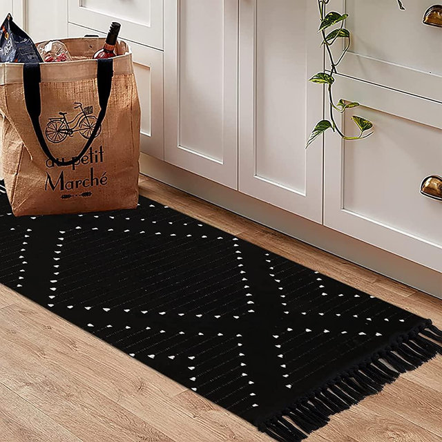 LIVEBOX Boho Runner Rug 2' x 4.3' Black Kitchen Rug Moroccan Woven Cotton Rug with Tassel Vintage Tribal Floor Indoor Throw Rug for Sink/Living Room/Laundry/Doorway/Bathroom