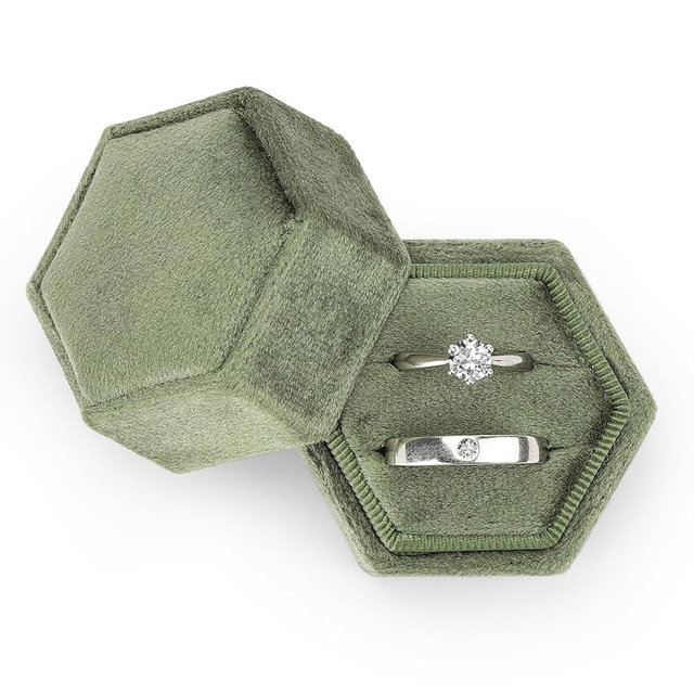 Etercycle Velvet Jewelry Ring Box, Hexagon Premium Gorgeous Vintage Double Ring Gift Box with Detachable Lid for Proposal Engagement Wedding Ceremony(Olive Green)
