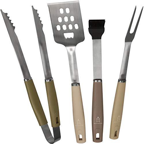 Den Haven Stainless Steel BBQ Accessory Grill Tool Set – 4 Piece Barbeque Grilling Utensils - Tongs, Brush, Spatula, Meat Fork