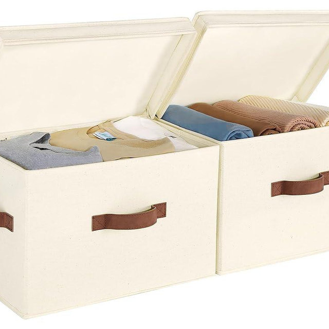 StorageWorks Closet Storage Bin with Lids, Decorative Storage Boxes with Handles, Fabric Storage Bins for Clothes, Large, Ivory White, 2-Pack