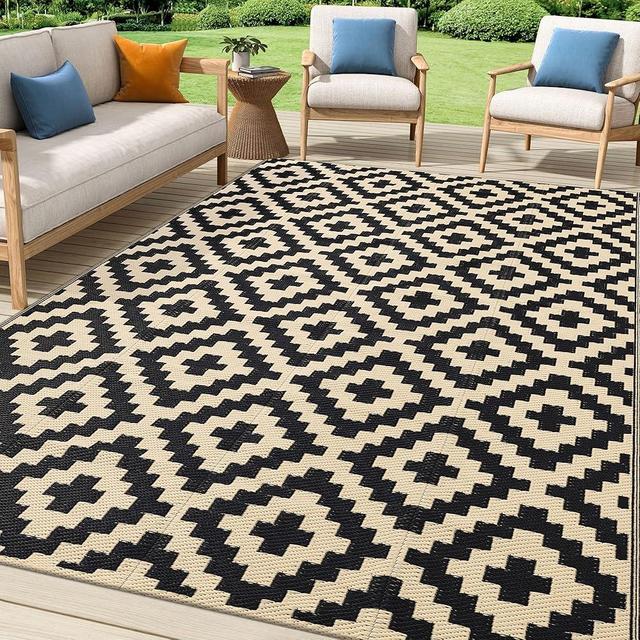 Smiry Waterproof Outdoor Rug 5x8 ft, Reversible Plastic Straw Patio Camping Rugs, Outdoor Indoor RV Mat Carpet for Patio, Outside Entry, Backyard, Deck, Bench, Picnic, Camper, Black & Beige