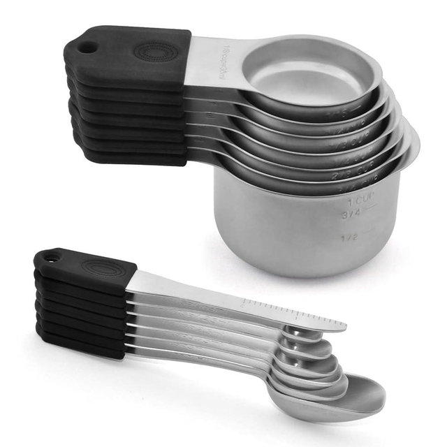 Magnetic Measuring Cups Set, 7 Pieces 18/8 Stainless Steel Stackable Nesting Heavy Duty Metal Measure Cups, Color Silicone Handle Kitchen Tools for Dry and Liquid Ingredients (14, Black)