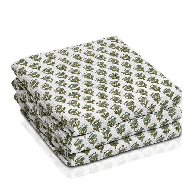 CPC Emerald Green Hand Block Print Waffle Kitchen Towel Set of 3-16 x28 Ultra Absorbent Quick Dry 100% Cotton Waffle Dish Towels Lightweight Reusable Sustainable Tea Towels for Cleaning and Drying