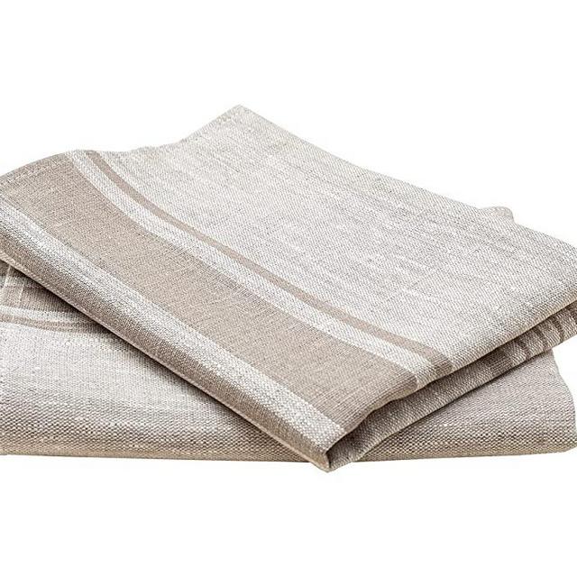 Pure Linen Kitchen Tea Towels Set of 2 Pieces Flax Dish Towels17 x 27 inches with French Country Stripes. (Brown)