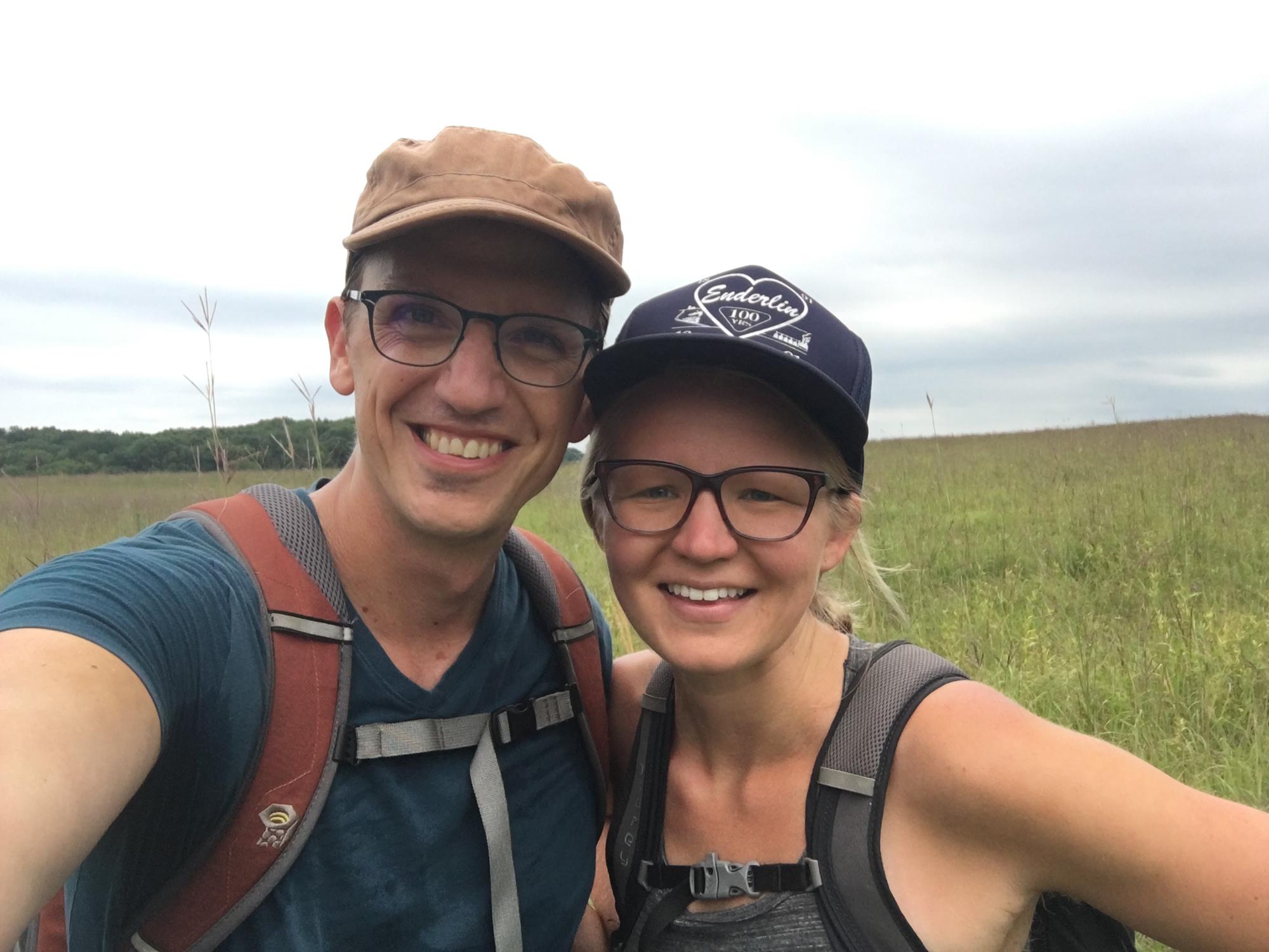 We love hiking and camping together. Here's us as Belwin Conservancy's Stage Coach Prairie.