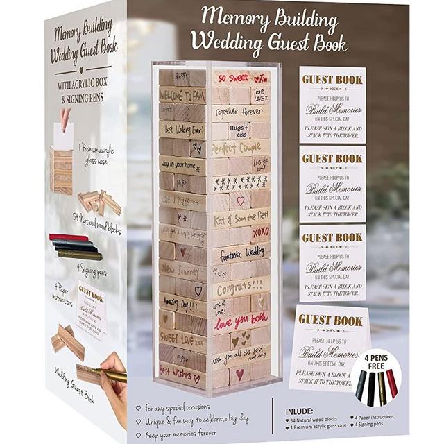 Wedding Guest Book Alternative, 54 PCS Wooden Block w Acrylic Display Box, Guest Book for Wedding Sign In, Baby Shower, Guestbook for Wedding, Wedding Book w 4 Paper Signs and 4 Color Pens