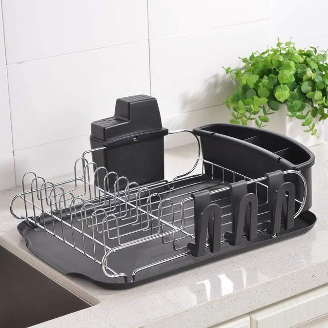 Loclgpm Rust-Proof Kitchen Draining Dish Drying Rack, Dish Rack With Black Drain Board, 3 Independent Cup Holder Accessories, 1 Wide Tableware Rack and Knife Holder Accessory