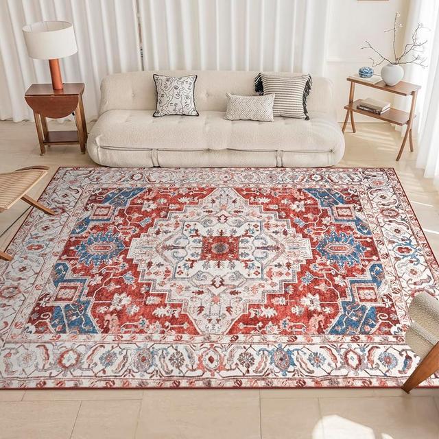 CHOSHOME Area Rug - 8x10 Low-Pile Machine Washable Rug Vintage Rug with Non-Slip Backing, Non-Shedding Indoor Floor Rugs for Living Room Bedroom Kitchen Laundry Home Office Carpet, Garnet