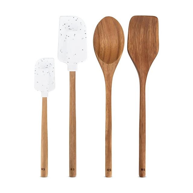 Real Simple Silicone Spatulas and Wooden Spoons for Cooking Set | Wooden Spoon, Wooden Spatula and 2 Silicone Spatulas for Nonstick Cookware | Heat Resistant and Dishwasher Safe