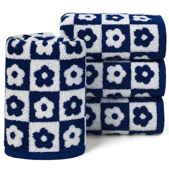 Jacquotha Hand Towels for Bathroom Navy Blue & White - Checkered Floral Decorative Hand Towel Set of 4, 100% Cotton, 13x29 Inches