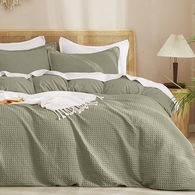 PHF Waffle Duvet Cover Set King Size, No Snagging Ultra Soft Luxury Textured Breathable Comforter Cover for All Season 3pcs, Durable Bedding Duvet Set with 2 Pillow Shams, 104"x90", Dusty Sage