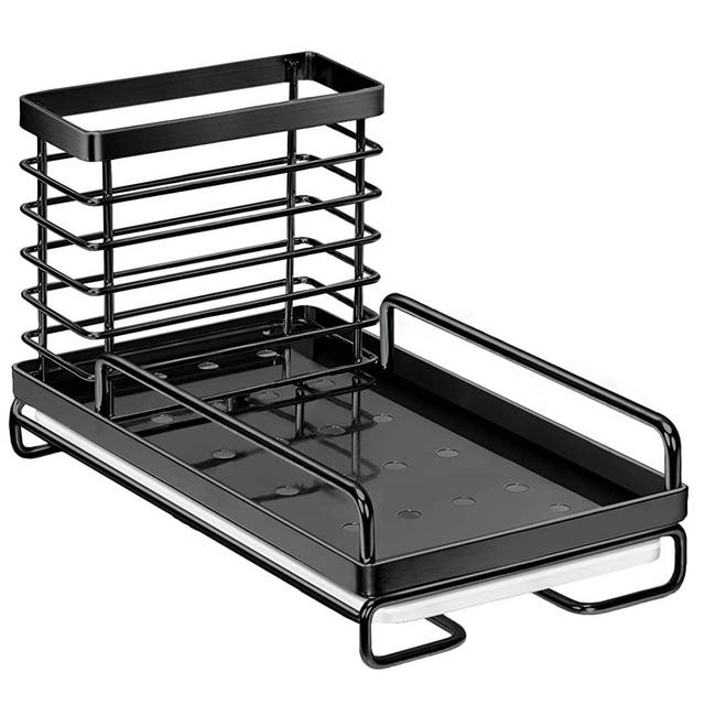 Orimade Sink Caddy Organizer with Drain Pan Kitchen Countertop Dish Sponge Brush Soap Holder SUS304 Stainless Steel, Black