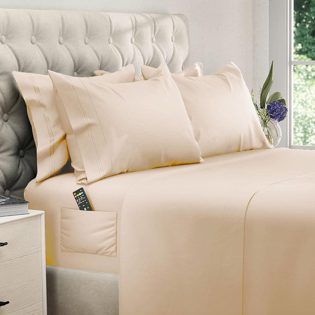 DREAMCARE King Size Sheets Set - 6 pcs Breathable Cooling Bed Sheets - up to 21" Extra Deep Pocket King Sheet Set with Side Pockets - Extra Soft 100% Brushed Hypoallergenic Hotel Luxury Bedding, Wheat