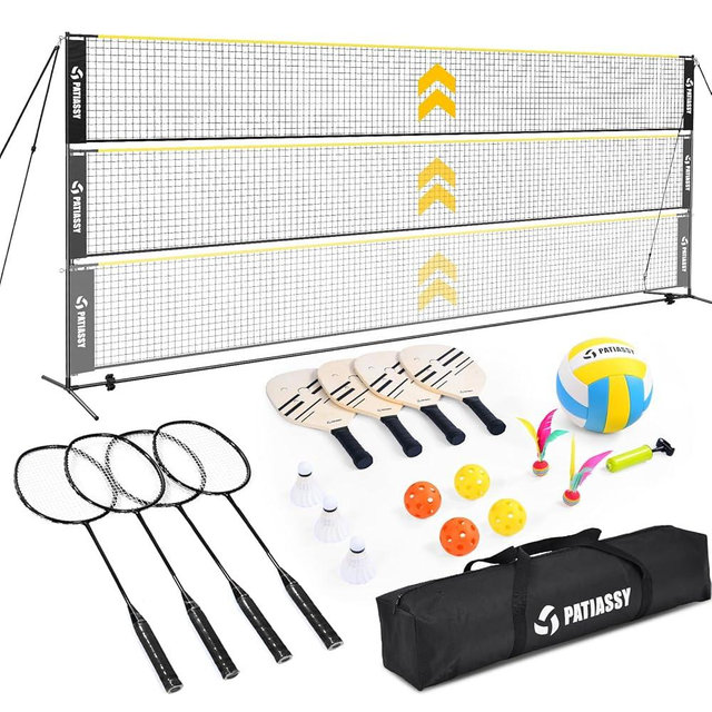 Patiassy Volleyball Badminton Pickleball 3-in-1 Combo Net Set for Backyards, 5.1-7.4ft Adjustable Height Freestanding Indoor Sports Nets, Portable 17ft Outdoor Net with Carry Bag, Rackets and Balls