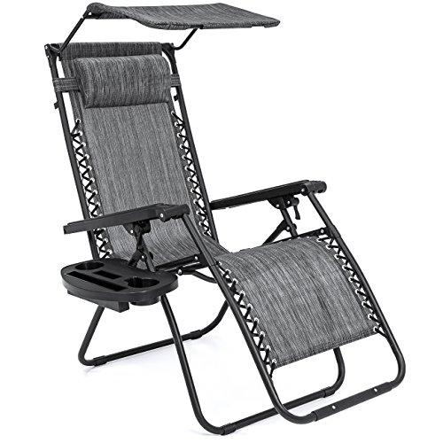 Best Choice Products Folding Steel Mesh Zero Gravity Recliner Lounge Chair w/Adjustable Canopy Shade and Cup Holder Accessory Tray, Gray
