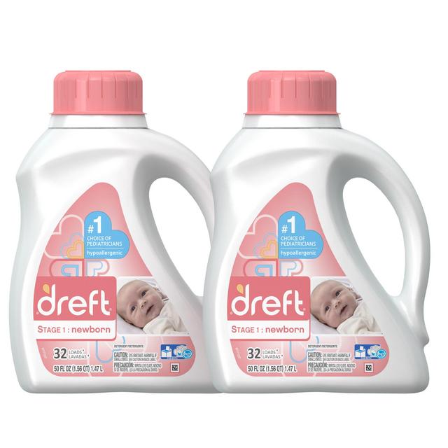 Dreft Stage 1: Newborn Hypoallergenic Liquid Baby Laundry Detergent (HE), Natural for Baby, Newborn, or Infant, 50 Ounce (32 loads), 2 Count (Packaging May Vary)