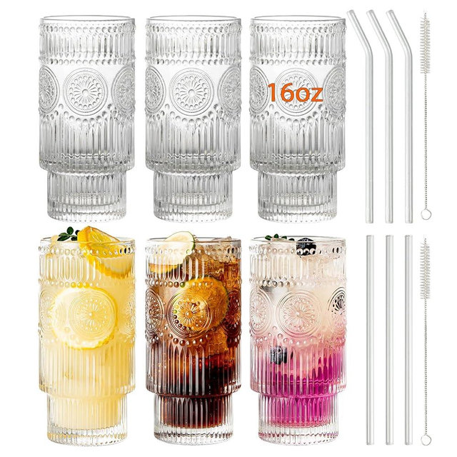 SoulTimes 6 Pack Large 16oz Ribbed Glassware Set, With Glass Straws Stackable Glass Cups, Vintage Textured Clear Striped Drinking Glasses Set, for Bar Beverages,Juice,Water,Cocktail,Iced Coffee