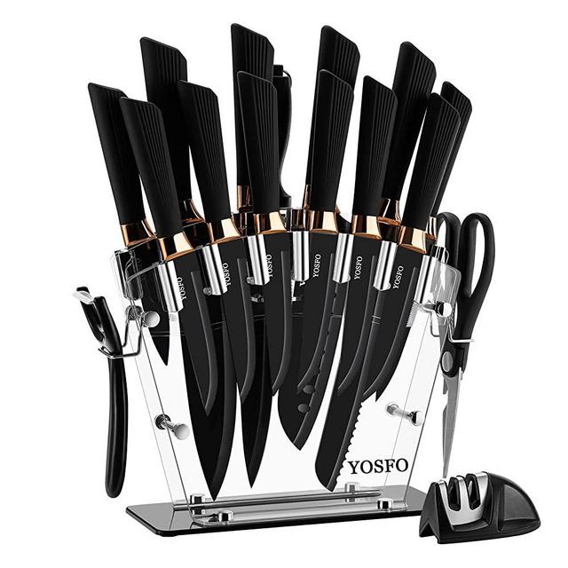 Kitchen Knife Set with Block, Knives Set with Acrylic Stand, 17Pcs Stainless Steel Cutlery Knife Block Set includes Serrated Steak Knives Set, Chef Santoku Knives, Scissor, Sharpener and Holder