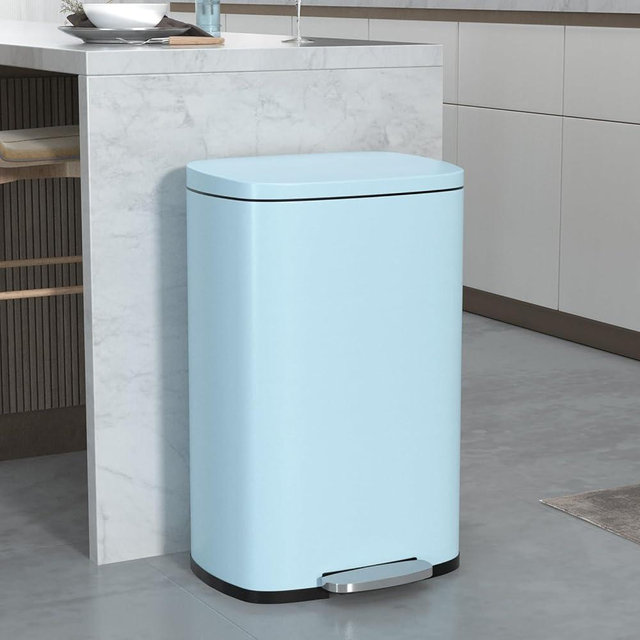 50 Liter / 13 Gallon Kitchen Trash Can with Lid, Stainless Steel Trash Can with Foot Pedal and Plastic Inner Bucket, Fingerprint-Resistant Soft Close Lid Garbage Can, Odor Proof and Hygienic, Blue