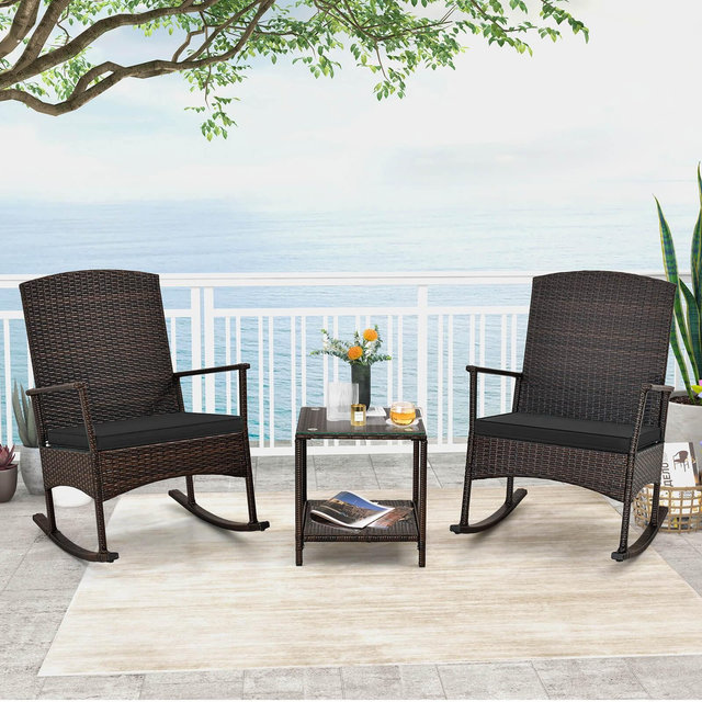 Costway 3 PCS Patio Rocking Set Wicker Rocking Chairs with 2-Tier Coffee Table Black
