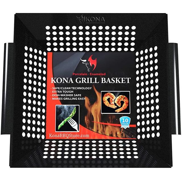 Kona Best Vegetable Grill Basket - Safe/Clean Porcelain Enameled BBQ Grilling Basket (Large 12x12x3 inches) for Veggies, Kabobs, Seafood, Meats