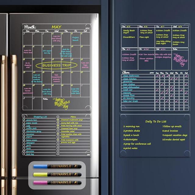 JJPRO Non-Magnetic Dry Erase Calendar for Fridge, Monthly Calendar, Weekly Chart, List and Blank Board for All Smooth Surfaces. Clear Reusable Calendar Stick to Fridge,Cabinet,Door&Glass