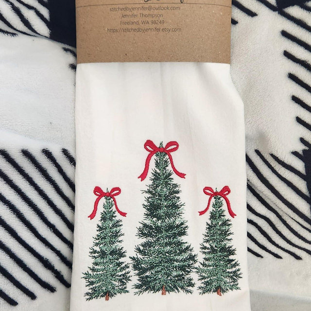 Christmas Tree Embroidered Kitchen Towel, Flour Sack Towel, Embroidered Kitchen Towel, Tea Towel, Holiday decor