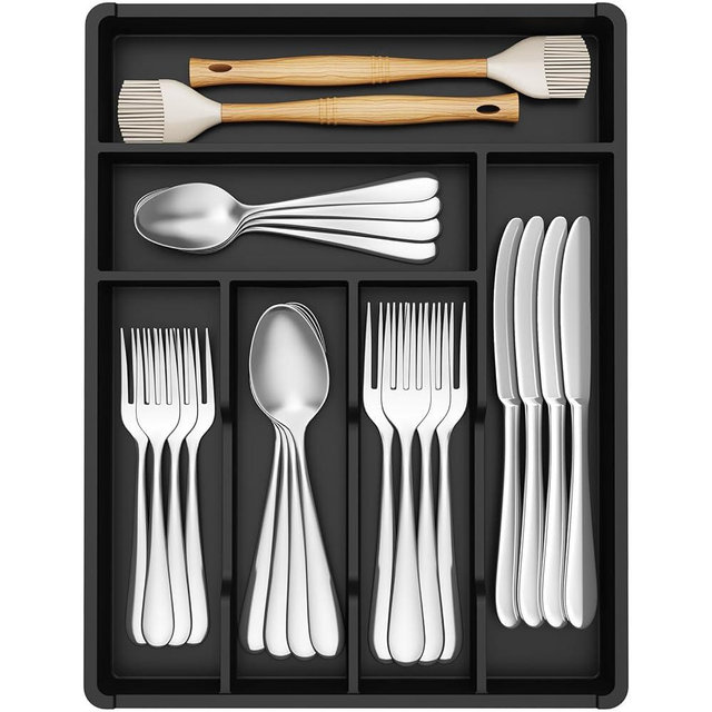 Lifewit Silverware Tray, Deep Wide Cutlery Drawer Organizer Storage for Kitchen, Plastic Flatware Utensil Holder Divider for Spoons Forks Knives Tableware, 6 Compartment, Black