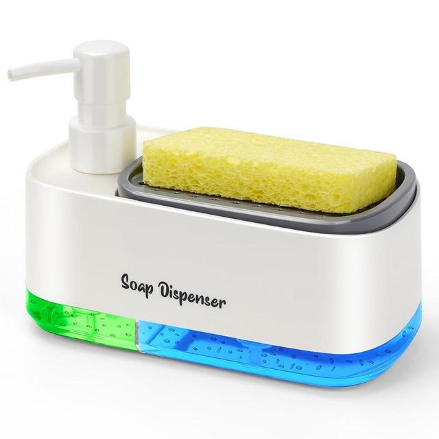 Hand and Dish Soap Dispenser Set for Kitchen, Dual Soap Dispenser with Sponge Holder, 3-in-1 Countertop Soap Pump Dispenser for Kitchen Sink, Useful Kitchen Gadgets - White