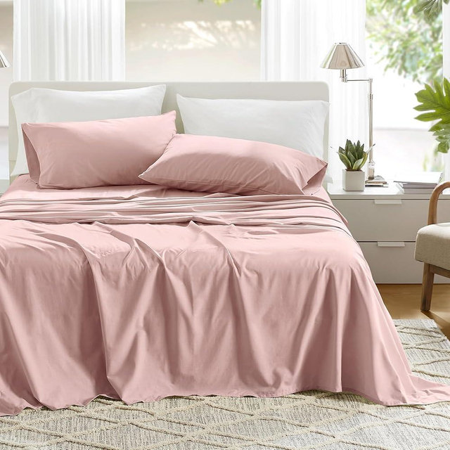 Comfort Spaces 100% Cotton Sheets Queen, Breathable & Ultra Soft Cotton Sheets, Naturally Cool Cotton Bed Sheets with 14" Elastic Pocket Fits up to 16" Mattress, All Seasons Sheet Set, Pink 4 Piece
