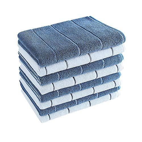 Microfiber Kitchen Towels - Super Absorbent, Soft and Solid Color Dish Towels, 8 Pack (Stripe Designed Blue and White Colors), 26 x 18 Inch