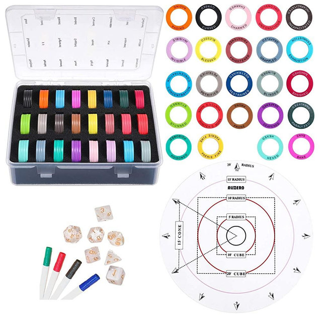 ALIZERO Tabletop RPG DND Condition Markers Set and Spell AOE Damage Marker D&D Area Effect Template, with 96 DND Status Effect Markers in 24 Frequently Used Conditions