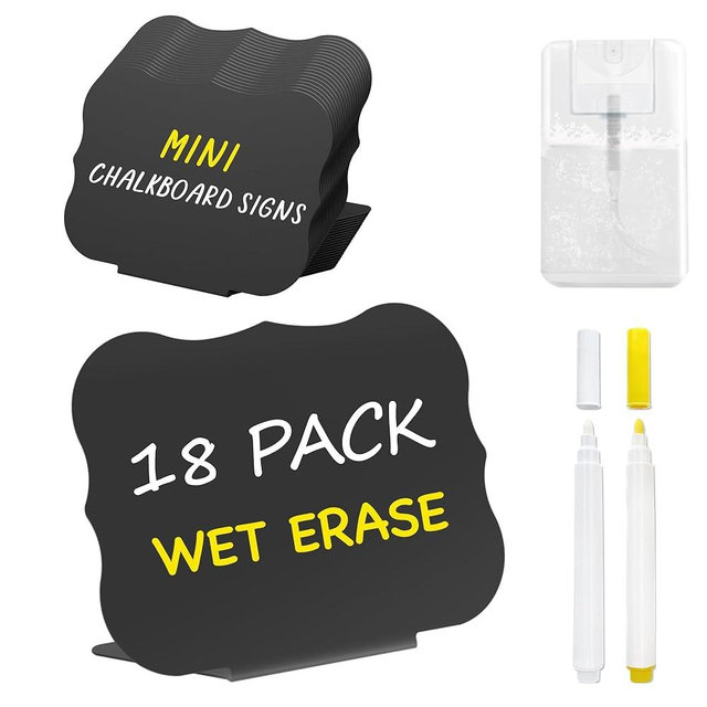 PigPotParty 18 Pcs Food Labels for Party Buffet w/Cleaning Spray, 4"x3" Mini Chalkboard Signs Include 2 Liquid Chalk Markers for Food Display - Food Tags- Table Palce Card (Waved Shape)