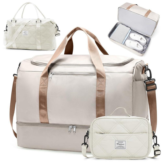 Extra Large Travel Duffle Bag,Carry on Overnight Bag with Shoes Compartment,Weekender Bags for Women for Travel Business Trips Sport Hospital,3 Pcs Set,Beige & Brown