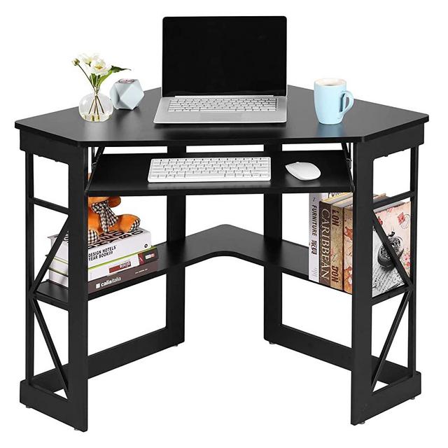 VECELO Corner Computer Desk 41 x 30 inches with Smooth Keyboard & Storage Shelves for Home Office Workstation,Black