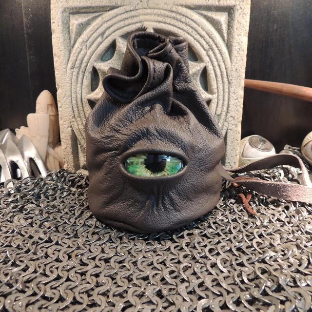 Dragon eye dice bag (Dark Brown leather with Yellow/Green Eye)----Round Bottom----- Leather wristlet