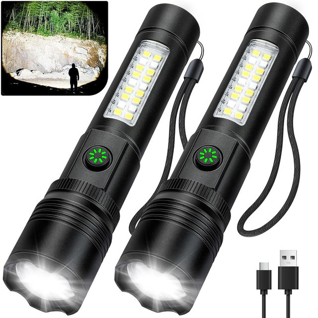 Flashlight Rechargeable Flashlights High Lumens, 99,000 LM Bright LED Flashlight Powered Flash Light, USB Rechargeable Flashlights & Waterproof Handheld Flash lights for Home Camping Hiking(2 Pack)